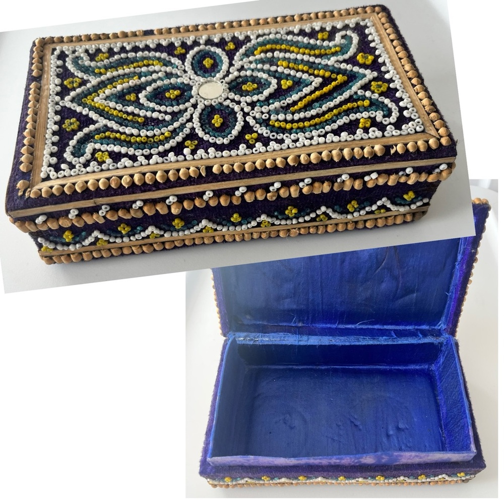 Vintage Blue Trinket Box Art Bead Work Handcrafted